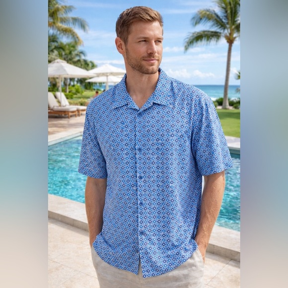 trient Other - Trient Men’s 100% Silk Resort Button-Down Shirt Blue Print Size XL
